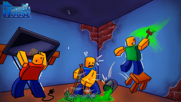 Official Roblox game artwork depicting players working together on a damaged room.