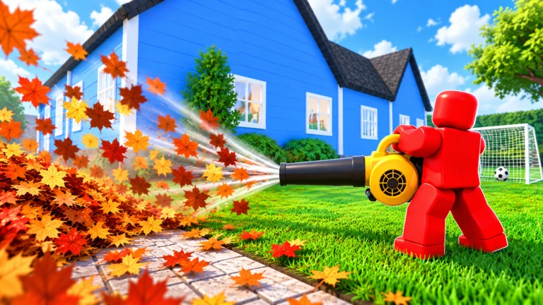 Roblox game screenshot showing a player using a leaf blower to clear leaves outside a house.