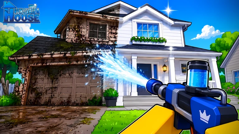 Roblox game screenshot showing a power washer cleaning grime from a house exterior.